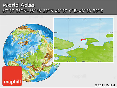 Physical Location Map of the Area around 68° 8' 7" N, 43° 25' 29" E