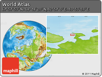 Physical Location Map of the Area around 68° 8' 7" N, 43° 25' 29" E