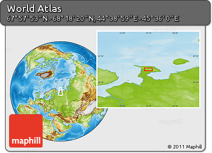 Physical Location Map of the Area around 68° 8' 7" N, 45° 7' 30" E