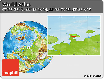 Physical Location Map of the Area around 68° 8' 7" N, 45° 7' 30" E
