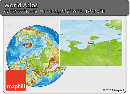 Physical Location Map of the Area around 68° 8' 7" N, 48° 31' 29" E