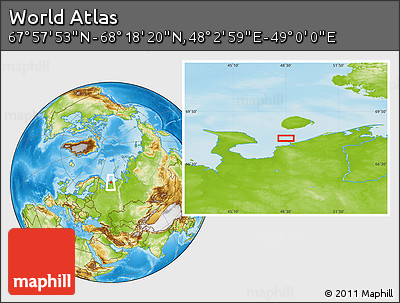 Physical Location Map of the Area around 68° 8' 7" N, 48° 31' 29" E