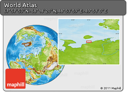Physical Location Map of the Area around 68° 8' 7" N, 49° 22' 30" E
