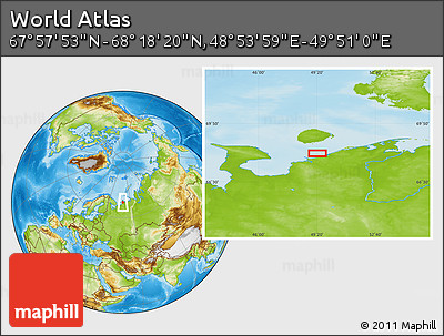 Physical Location Map of the Area around 68° 8' 7" N, 49° 22' 30" E