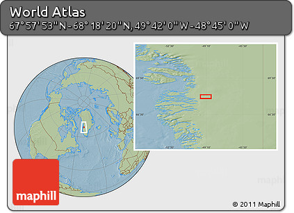 Savanna Style Location Map of the Area around 68° 8' 7" N, 49° 13' 30" W, hill shading