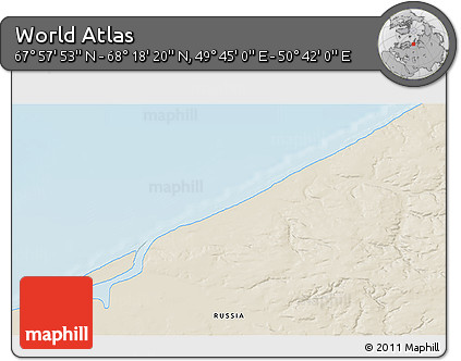 Shaded Relief 3D Map of the Area around 68° 8' 7" N, 50° 13' 30" E