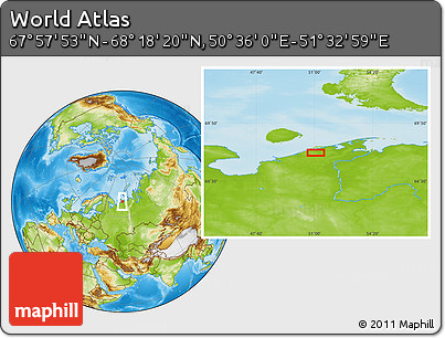 Physical Location Map of the Area around 68° 8' 7" N, 51° 4' 30" E