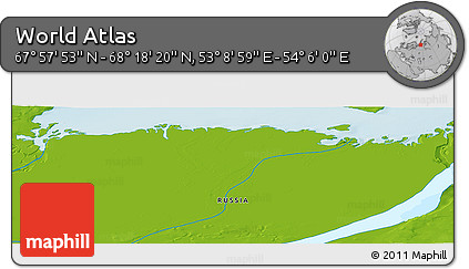 Physical Panoramic Map of the Area around 68° 8' 7" N, 53° 37' 30" E