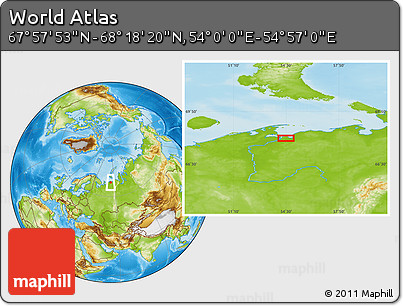 Physical Location Map of the Area around 68° 8' 7" N, 54° 28' 30" E