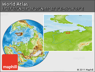 Physical Location Map of the Area around 68° 8' 7" N, 56° 10' 29" E