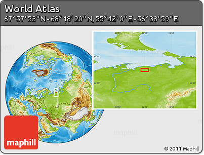 Physical Location Map of the Area around 68° 8' 7" N, 56° 10' 29" E