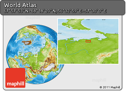Physical Location Map of the Area around 68° 8' 7" N, 57° 1' 29" E