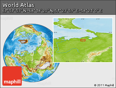 Physical Location Map of the Area around 68° 8' 7" N, 57° 52' 30" E