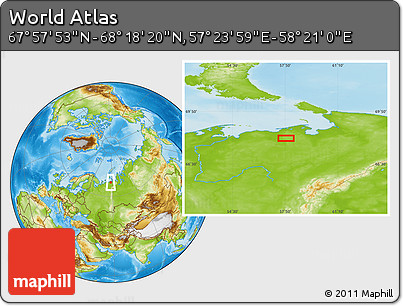 Physical Location Map of the Area around 68° 8' 7" N, 57° 52' 30" E