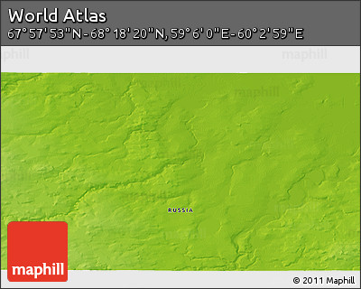Physical 3D Map of the Area around 68° 8' 7" N, 59° 34' 30" E