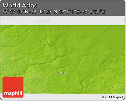 Physical 3D Map of the Area around 68° 8' 7" N, 59° 34' 30" E