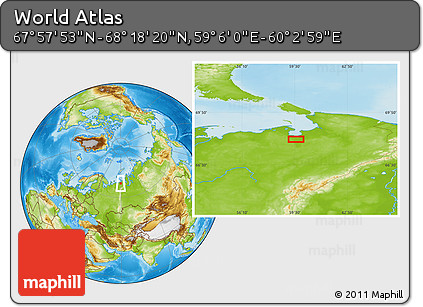 Physical Location Map of the Area around 68° 8' 7" N, 59° 34' 30" E