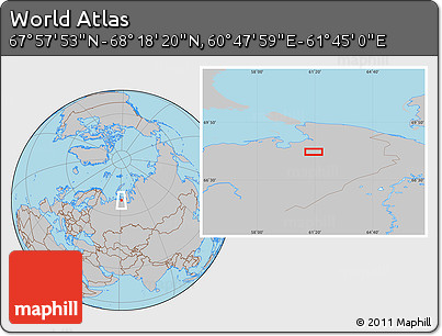 Gray Location Map of the Area around 68° 8' 7" N, 61° 16' 29" E