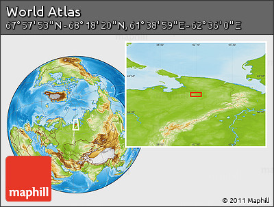 Physical Location Map of the Area around 68° 8' 7" N, 62° 7' 30" E