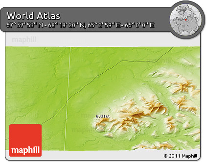 Physical 3D Map of the Area around 68° 8' 7" N, 65° 31' 30" E