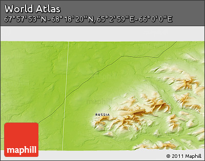 Physical 3D Map of the Area around 68° 8' 7" N, 65° 31' 30" E