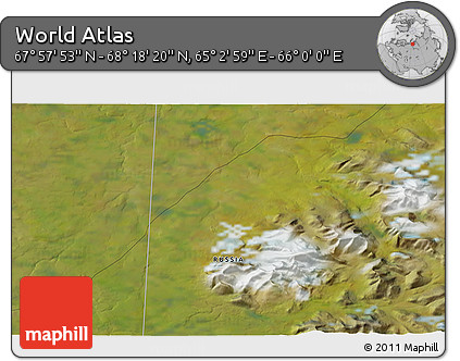 Satellite 3D Map of the Area around 68° 8' 7" N, 65° 31' 30" E