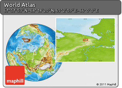Physical Location Map of the Area around 68° 8' 7" N, 65° 31' 30" E