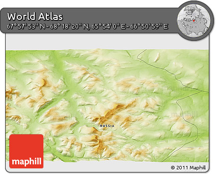Physical 3D Map of the Area around 68° 8' 7" N, 66° 22' 30" E