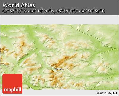 Physical 3D Map of the Area around 68° 8' 7" N, 66° 22' 30" E