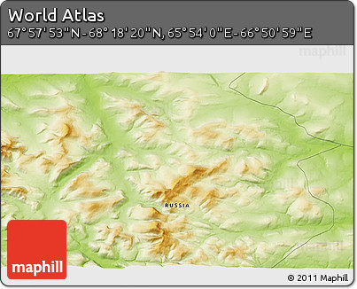 Physical 3D Map of the Area around 68° 8' 7" N, 66° 22' 30" E
