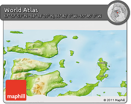 Physical 3D Map of the Area around 68° 8' 7" N, 66° 13' 29" W