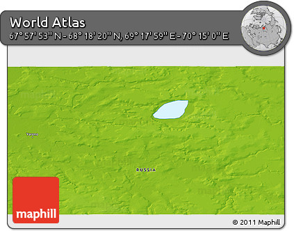 Physical 3D Map of the Area around 68° 8' 7" N, 69° 46' 30" E