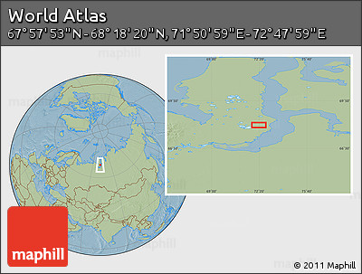 Savanna Style Location Map of the Area around 68° 8' 7" N, 72° 19' 29" E, hill shading