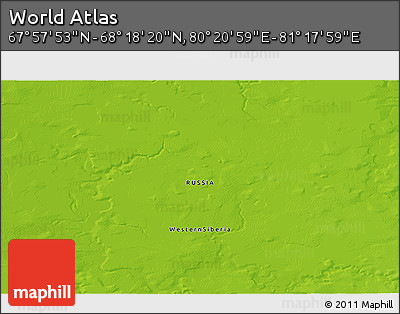 Physical 3D Map of the Area around 68° 8' 7" N, 80° 49' 29" E