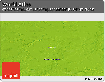 Physical 3D Map of the Area around 68° 8' 7" N, 80° 49' 29" E