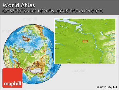 Physical Location Map of the Area around 68° 8' 7" N, 84° 13' 29" E