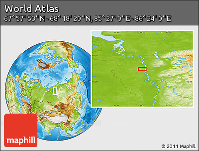 Physical Location Map of the Area around 68° 8' 7" N, 85° 55' 30" E