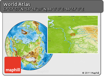 Physical Location Map of the Area around 68° 8' 7" N, 88° 28' 29" E