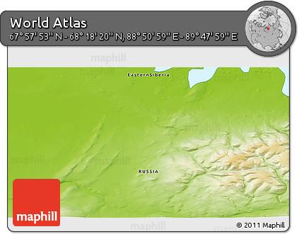 Physical 3D Map of the Area around 68° 8' 7" N, 89° 19' 29" E