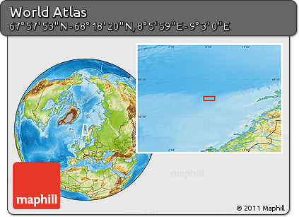 Physical Location Map of the Area around 68° 8' 7" N, 8° 34' 29" E