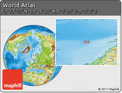 Physical Location Map of the Area around 68° 8' 7" N, 8° 34' 29" E