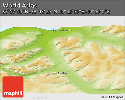 Physical 3D Map of the Area around 68° 8' 7" N, 91° 1' 30" E