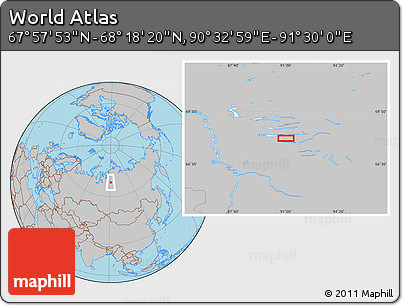 Gray Location Map of the Area around 68° 8' 7" N, 91° 1' 30" E