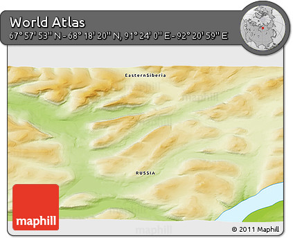 Physical 3D Map of the Area around 68° 8' 7" N, 91° 52' 30" E