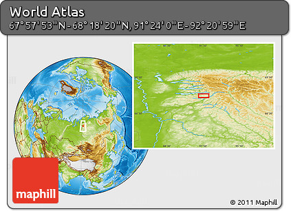 Physical Location Map of the Area around 68° 8' 7" N, 91° 52' 30" E