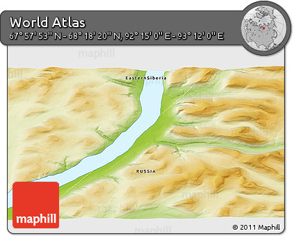 Physical 3D Map of the Area around 68° 8' 7" N, 92° 43' 29" E