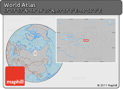 Gray Location Map of the Area around 68° 8' 7" N, 94° 25' 30" E, hill shading