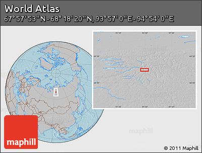 Gray Location Map of the Area around 68° 8' 7" N, 94° 25' 30" E, hill shading