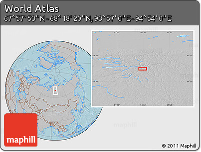 Gray Location Map of the Area around 68° 8' 7" N, 94° 25' 30" E, hill shading