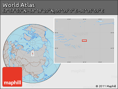 Gray Location Map of the Area around 68° 8' 7" N, 96° 7' 30" E